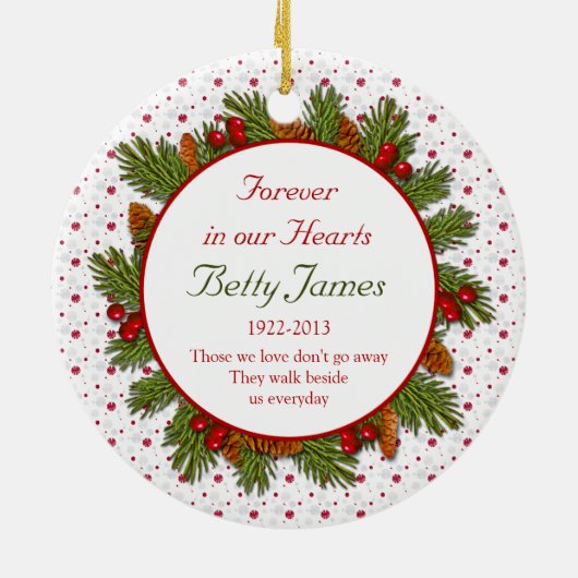 Pine Boughs Holly Berries Memorial Foto van Kerstm Keramisch Ornament (Achterkant)