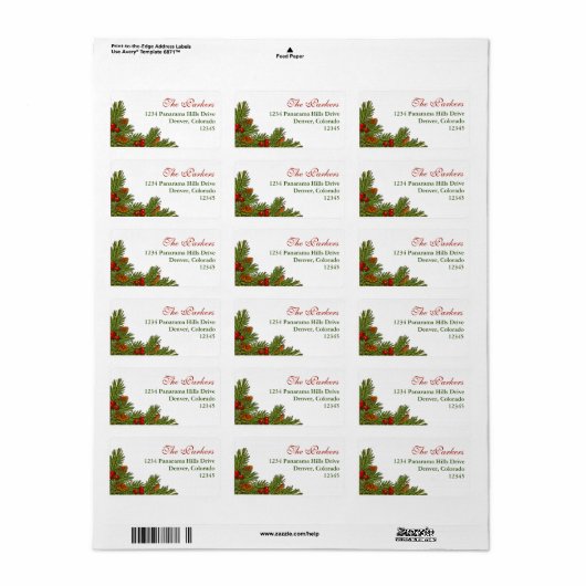 Pine Boughs Holly Berry Xmas Retouradres Label (Full Sheet)