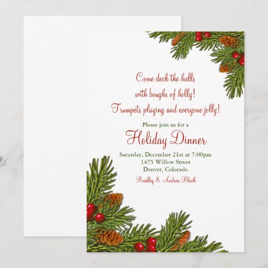 Pine Boughs Holly Kerstfeestdag Kaart (Voorkant / Achterkant)