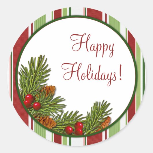 Pine Boughs Holly Stripes Kerst Xmas Stickers (Voorkant)