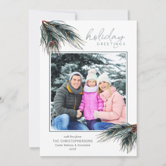 Pine Boughs Waterverf VAKANTIE GROETJES Foto Feestdagenkaart (Voorkant)