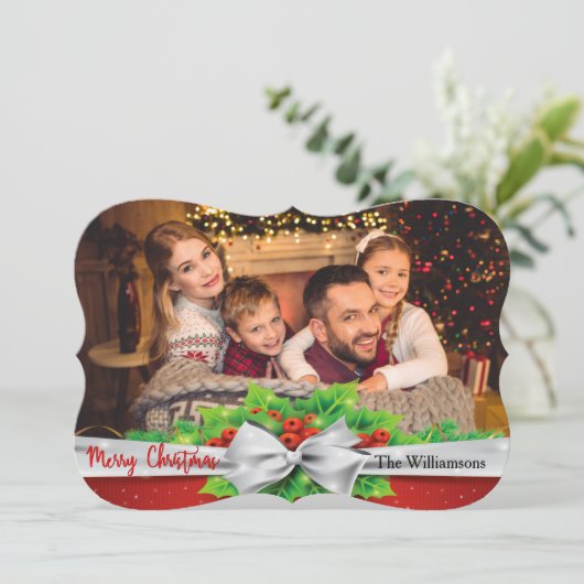 Pine Bow met Holle Foto Fancy gesneden Kerstmis Feestdagenkaart (Staand voorkant)