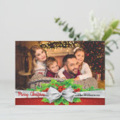 Pine Bow met Holly Foto Kerstmis Feestdagenkaart (Staand voorkant)