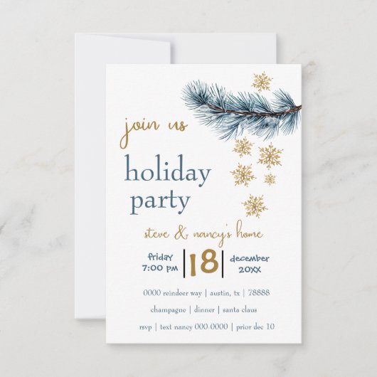 Pine Branch en Gold Snowflakes Holiday Party Kaart (Voorkant)
