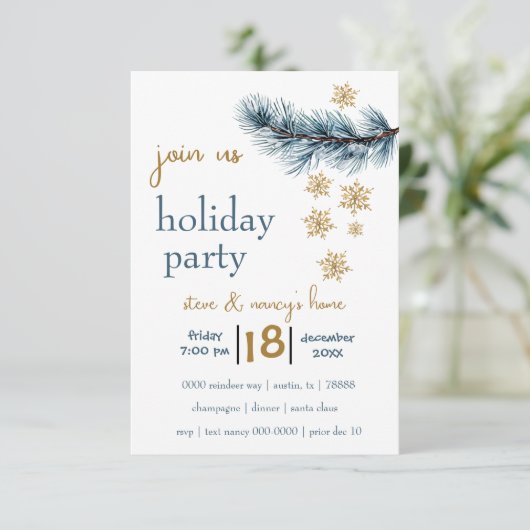 Pine Branch en Gold Snowflakes Holiday Party Kaart (Staand voorkant)