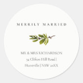 Pine Branch Kerstmis Adres Merrily Getrouwd Ronde Sticker (Voorkant)
