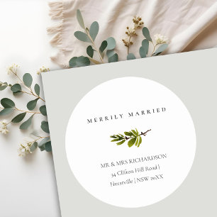 Pine Branch Kerstmis Adres Merrily Getrouwd Ronde Sticker