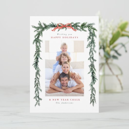 Pine Branch Lijst 2 Foto Kerst Feestdagenkaart (Staand voorkant)
