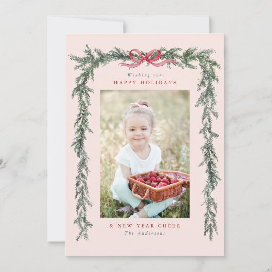 Pine Branch Lijst Foto Blush Roze Kerst Feestdagenkaart (Voorkant)
