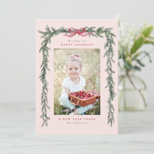 Pine Branch Lijst Foto Blush Roze Kerst Feestdagenkaart (Staand voorkant)