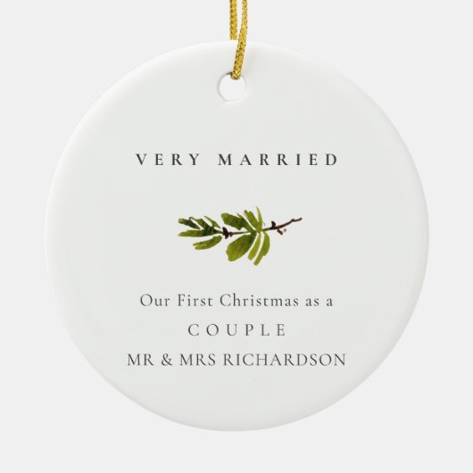 Pine Branch Our First KerstPhoto Vey Married Keramisch Ornament (Voorkant)