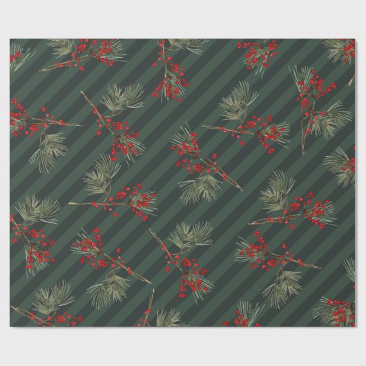 Pine Branch Red Ilex Berries Forest Green Stripe Cadeaupapier (Vlak)