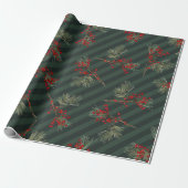 Pine Branch Red Ilex Berries Forest Green Stripe Cadeaupapier (Uitgerold)