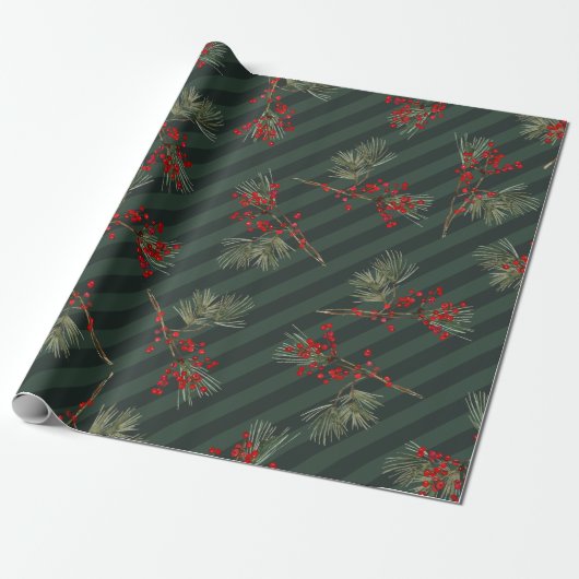Pine Branch Red Ilex Berries Forest Green Stripe Cadeaupapier (Uitgerold)