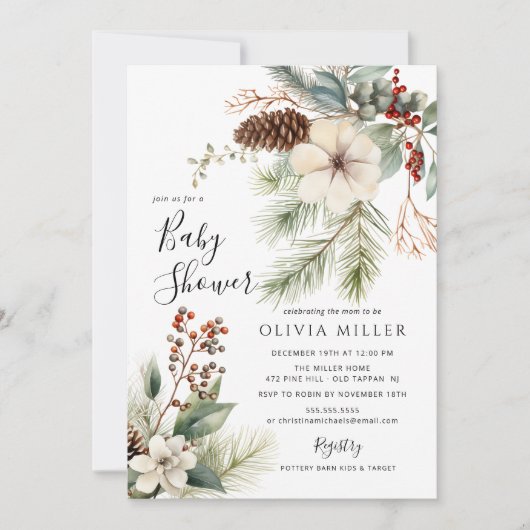 Pine Branch Winter Botanische Baby shower Kaart (Voorkant)