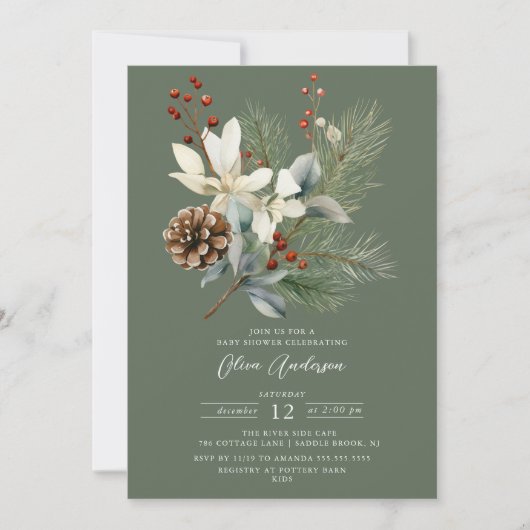 Pine Branch Winter Botanische Baby shower Kaart (Voorkant)