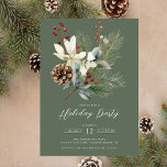 Pine Branch Winter Botanische Vakantie Party Kaart<br><div class="desc">Deze elegante kerstvakantie feestuitnodiging heeft een prachtige dennentak, witte bloemen, hulstbessen en pinecone op een groene achtergrond. De uitnodiging is perfect voor het uitnodigen van uw vrienden en familie op een feestelijke vakantie bijeenkomst. Het algehele ontwerp is feestelijk en verfijnd, en de uitnodiging zal zeker indruk maken op uw gasten....</div>