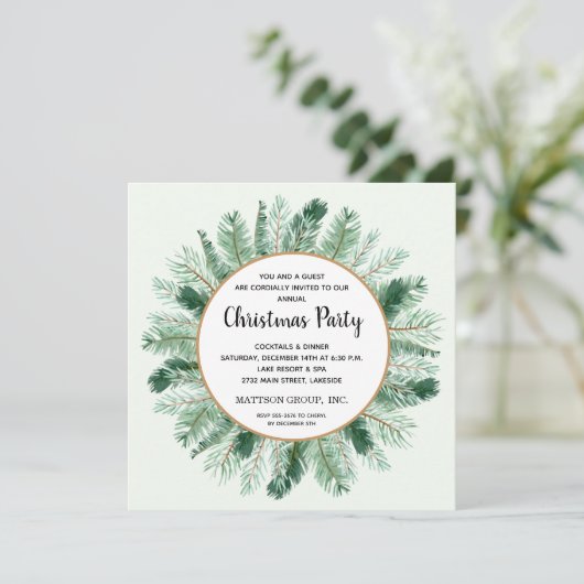Pine Branch Wreath kerstparty uitnodigingen (Staand voorkant)