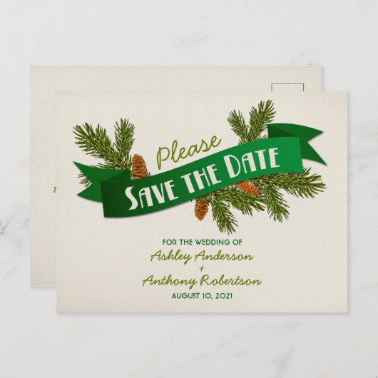 Pine Branches Camping Wedding Save the Date Aankondigingskaart (Voorkant / Achterkant)