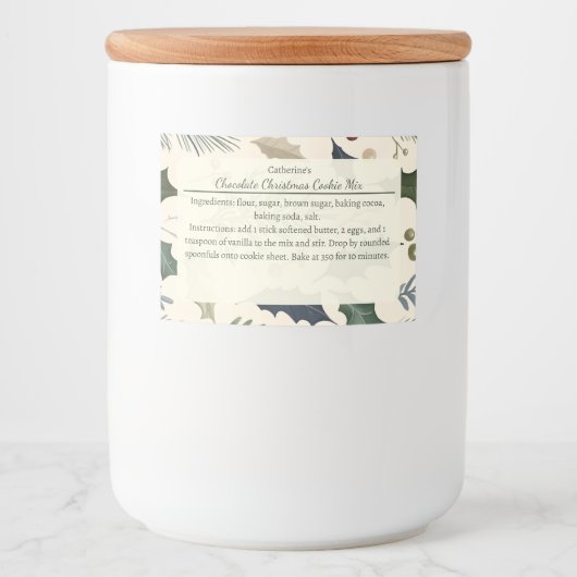 Pine Branches Holly Leaves Christmas Baking Mix Voedselcontainer Etiket (Voorkant)