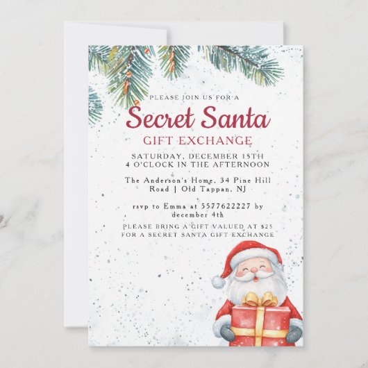 Pine Branches in Santa met Gift Secret Santa Party Kaart (Voorkant)