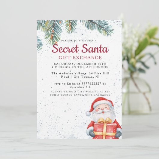 Pine Branches in Santa met Gift Secret Santa Party Kaart (Staand voorkant)