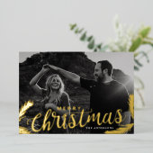 Pine Branches Merry-kerstfoto Gold Folie Feestdagenkaart (Staand Voorkant)