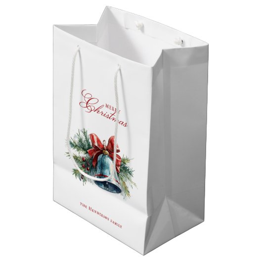Pine brunches en Christmas Bell Aangepaste naam Medium Cadeauzakje (Voorkant Gekanteld)