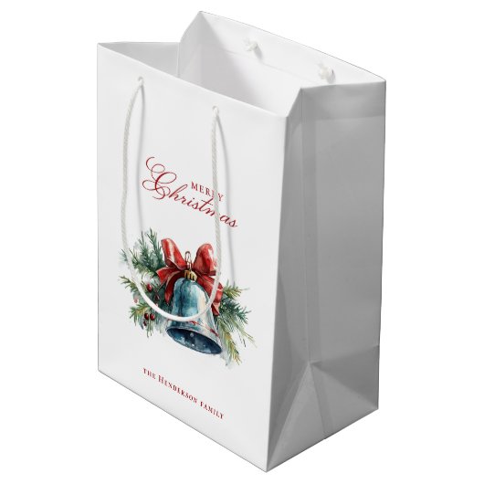 Pine brunches en Christmas Bell Aangepaste naam Medium Cadeauzakje (Achterkant Gekanteld)