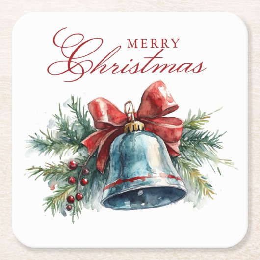 Pine brunches en kerstbel Vrolijk kerstfeest Kartonnen Onderzetters (Voorkant)