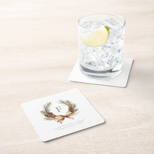 Pine Cone & Bow Krans Monogram Familie Vakantie Kartonnen Onderzetters (Insitu)