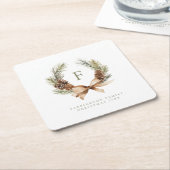 Pine Cone & Bow Krans Monogram Familie Vakantie Kartonnen Onderzetters (Schuin)