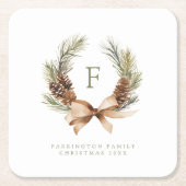 Pine Cone & Bow Krans Monogram Familie Vakantie Kartonnen Onderzetters (Voorkant)