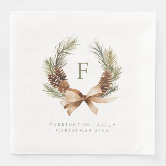 Pine Cone & Bow Krans Monogram Familie Vakantie Servet (Voorkant)
