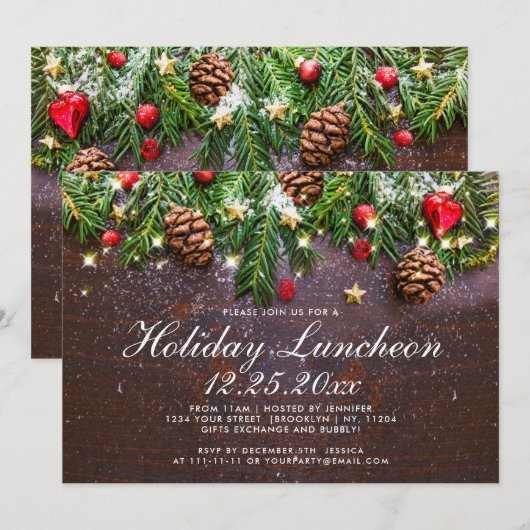 Pine Cone Branch Rustic Holiday Kerstmis Luncheon Kaart (Voorkant / Achterkant)