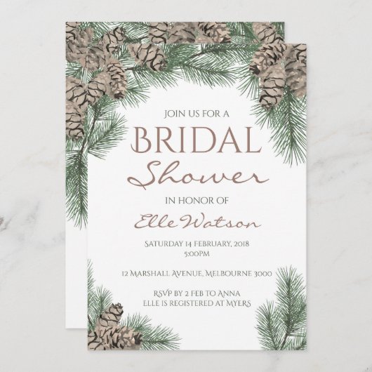 Pine Cone Bridal Shower Invitation, Winter Weddens Kaart (Voorkant / Achterkant)