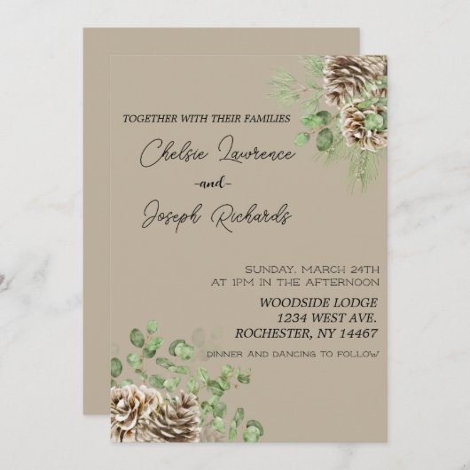 Pine Cone en Greenery bruiloft uitnodiging (Voorkant / Achterkant)