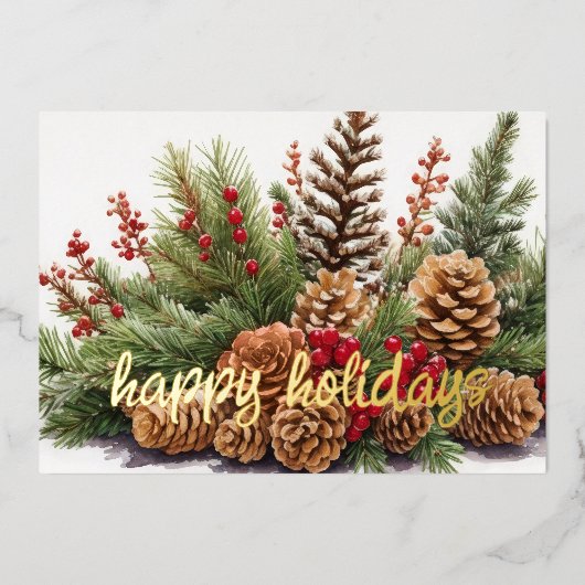 Pine Cone Evergreen Red Berries Rustiek Folie Feestdagenkaart (Voorkant)
