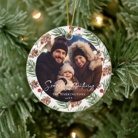 Pine Cone Familie Vakantie Foto Ornament (Boom)