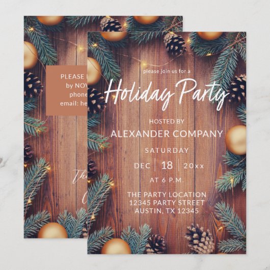 Pine Cone & Gold Ornament Rustic Holiday Party Kaart (Voorkant / Achterkant)