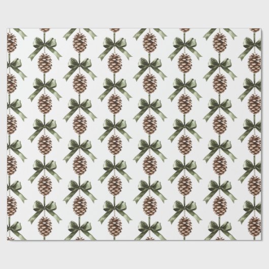 Pine Cone Green Bow Christmas Cadeaupapier (Vlak)