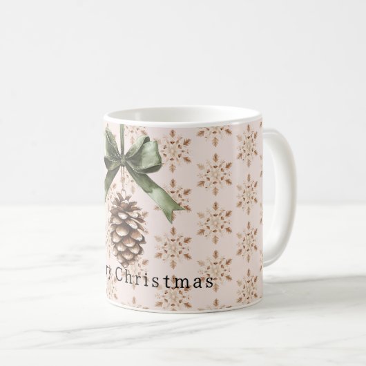 Pine Cone Green Bow Christmas Cream Snowflakes Koffiemok (Voorkant rechts)