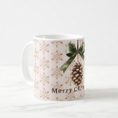 Pine Cone Green Bow Christmas Cream Snowflakes Koffiemok (Voorkant links)