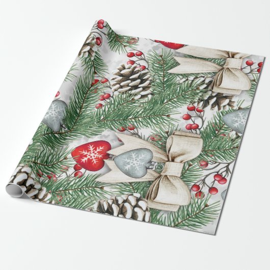 Pine Cone Holly Berries Christmas Design Cadeaupapier (Uitgerold)