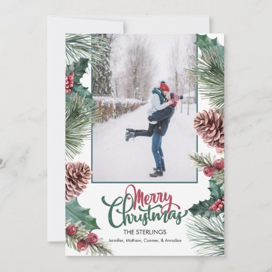 Pine Cone Holly Branch Foto Vrolijk Kerstfeest Feestdagenkaart (Voorkant)