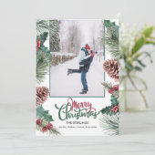 Pine Cone Holly Branch Foto Vrolijk Kerstfeest Feestdagenkaart (Staand voorkant)