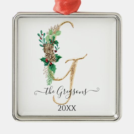 Pine Cone Holly Christmas Gold Glitter Monogram G Metalen Ornament (Voorkant)