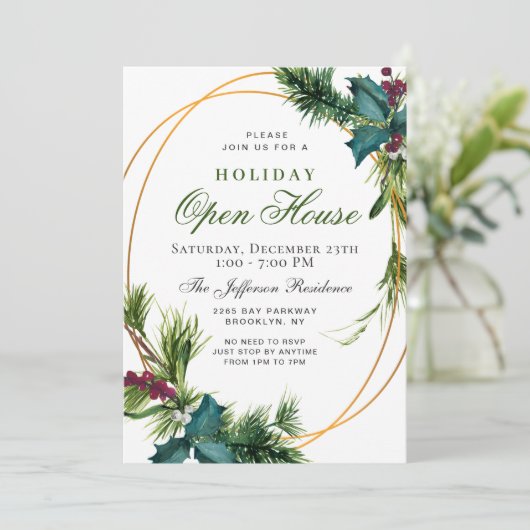 Pine Cone Holly Lijst Kerstfeestdag OPEN HUUSE Kaart (Staand voorkant)