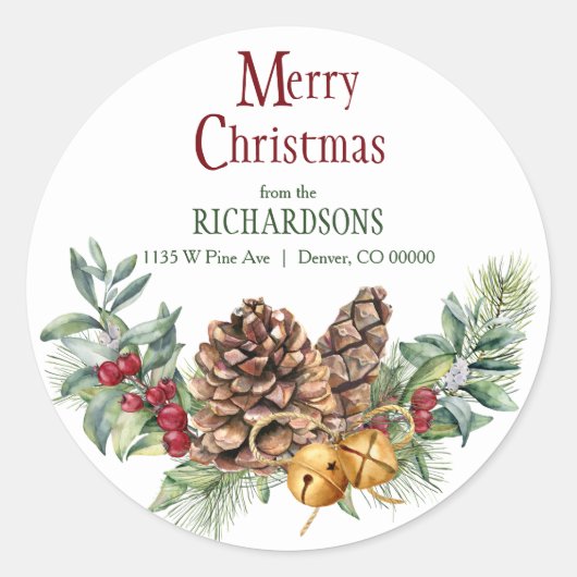 Pine Cone Jingle Bells Kerstmis retour adres Ronde Sticker (Voorkant)