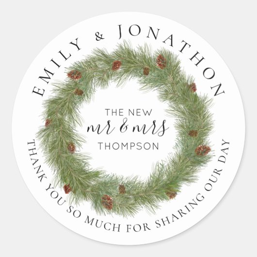 Pine Cone Krans Namen Kerstmis Bruiloft Dank u Ronde Sticker (Voorkant)